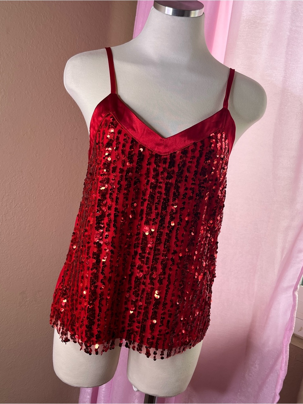 Red Sequin Spaghetti Strap Tank Top